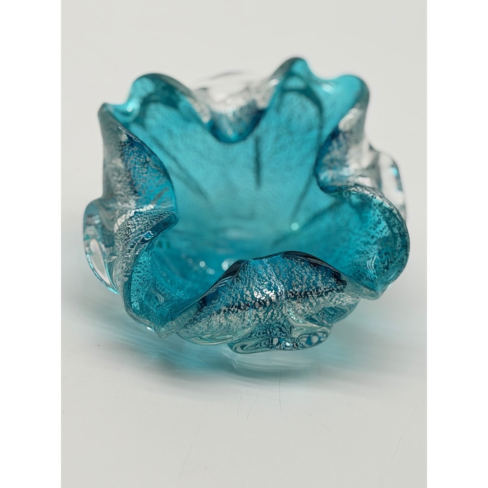 Turquoise Blue Silver Foil Murano Style Art Glass Ruffled Bowl Catchall 5.5"